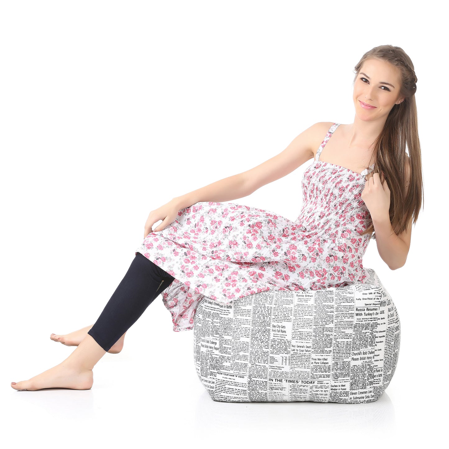 Style Homez Square Ottoman, Cotton Canvas Newspaper Printed Bean Bag Ottoman Stool Large Size Filled with Beans, White Black Color