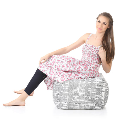 Style Homez Square Ottoman, Cotton Canvas Newspaper Printed Bean Bag Ottoman Stool Large Size Filled with Beans, White Black Color