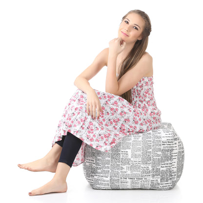 Style Homez Square Ottoman, Cotton Canvas Newspaper Printed Bean Bag Ottoman Stool Large Size Filled with Beans, White Black Color