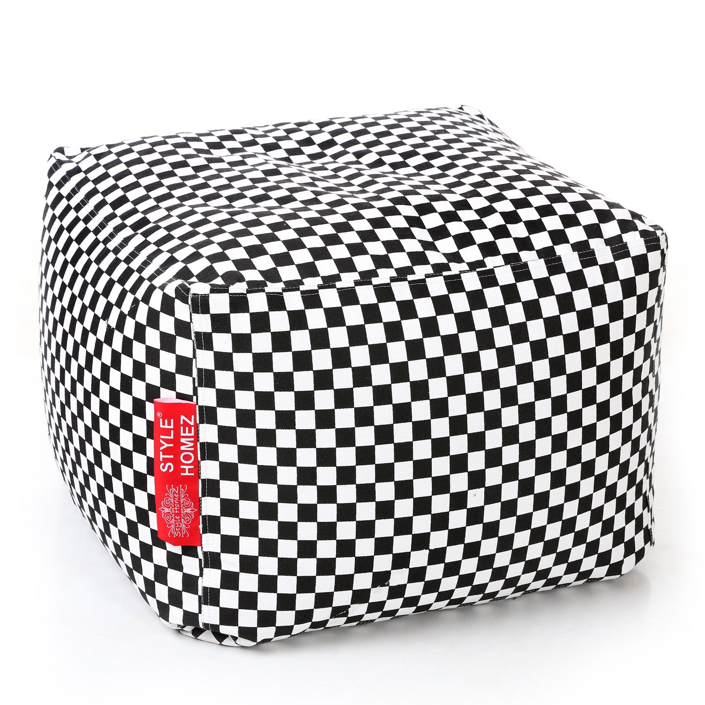 Style Homez Square Ottoman, Cotton Canvas Checkered Printed Bean Bag Ottoman Stool Large Size Filled with Beans, White Black Color