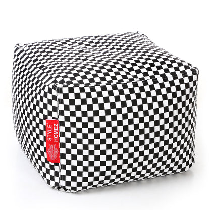 Style Homez Square Ottoman, Cotton Canvas Checkered Printed Bean Bag Ottoman Stool Large Size Filled with Beans, White Black Color