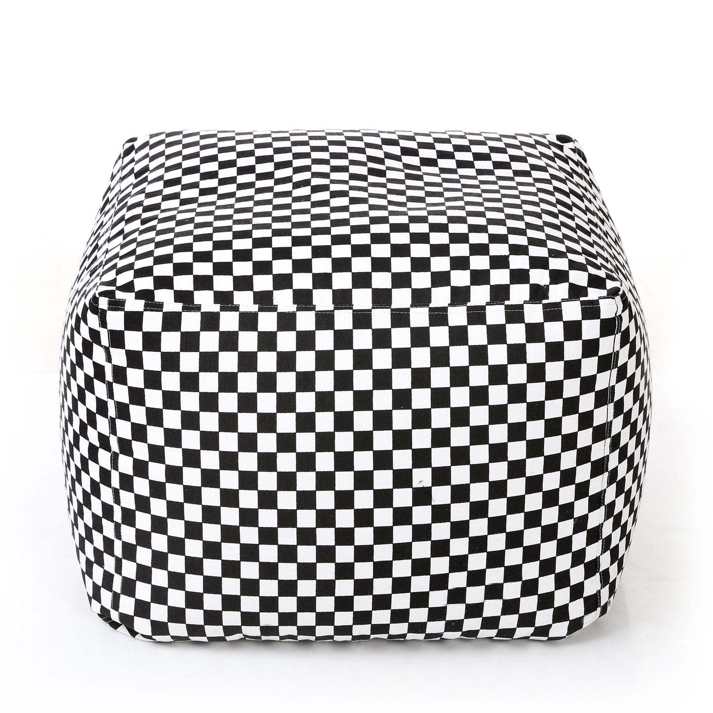 Style Homez Square Ottoman, Cotton Canvas Checkered Printed Bean Bag Ottoman Stool Large Size Filled with Beans, White Black Color