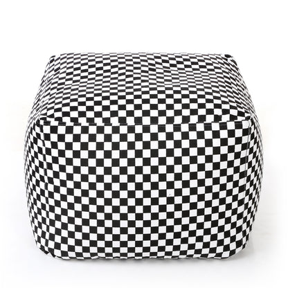 Style Homez Square Ottoman, Cotton Canvas Checkered Printed Bean Bag Ottoman Stool Large Size Filled with Beans, White Black Color