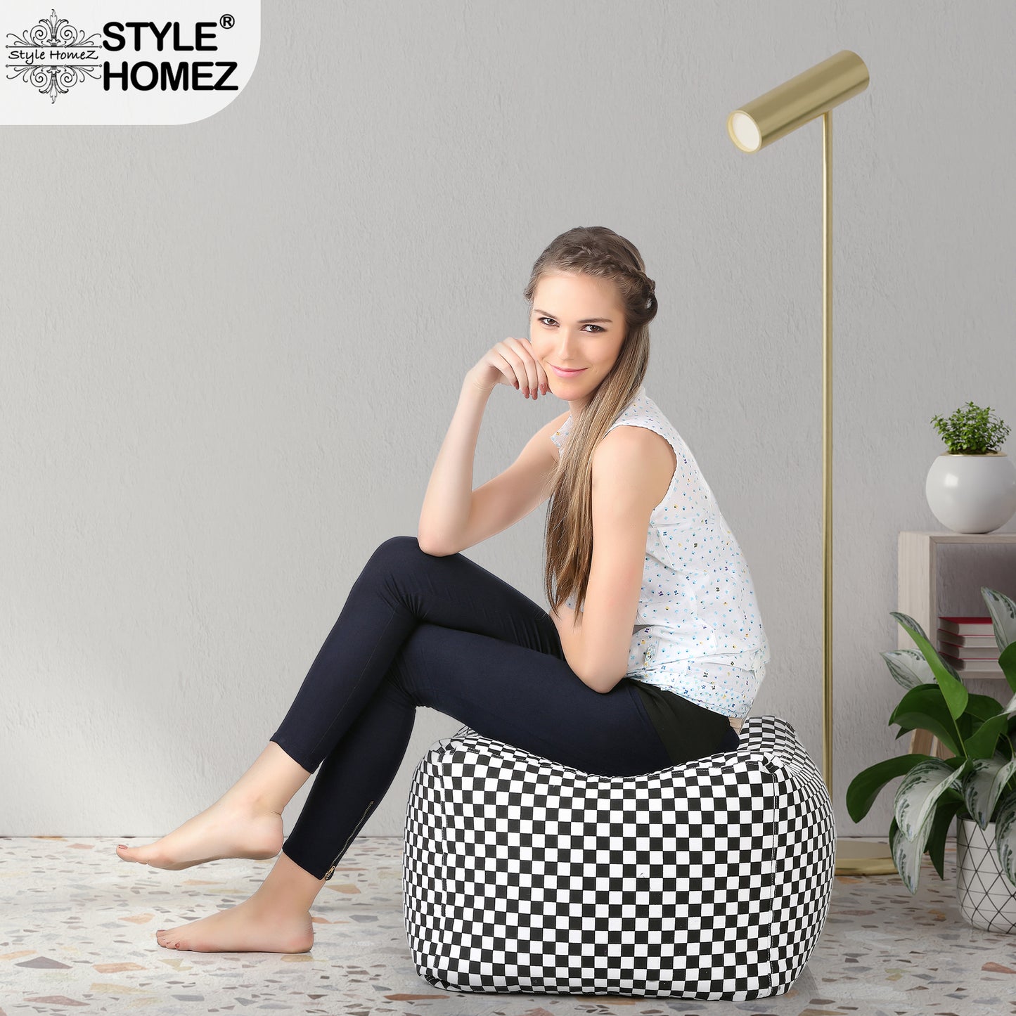 Style Homez Square Ottoman, Cotton Canvas Checkered Printed Bean Bag Ottoman Stool Large Size Filled with Beans, White Black Color