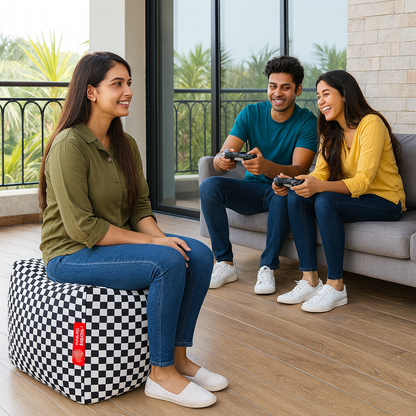 Style Homez Square Ottoman, Cotton Canvas Checkered Printed Bean Bag Ottoman Stool Large Size Filled with Beans, White Black Color
