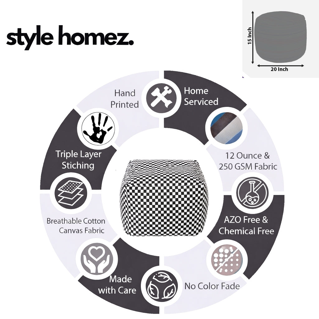 Style Homez Square Ottoman, Cotton Canvas Checkered Printed Bean Bag Ottoman Stool Large Size Filled with Beans, White Black Color