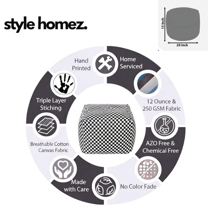 Style Homez Square Ottoman, Cotton Canvas Checkered Printed Bean Bag Ottoman Stool Large Size Filled with Beans, White Black Color