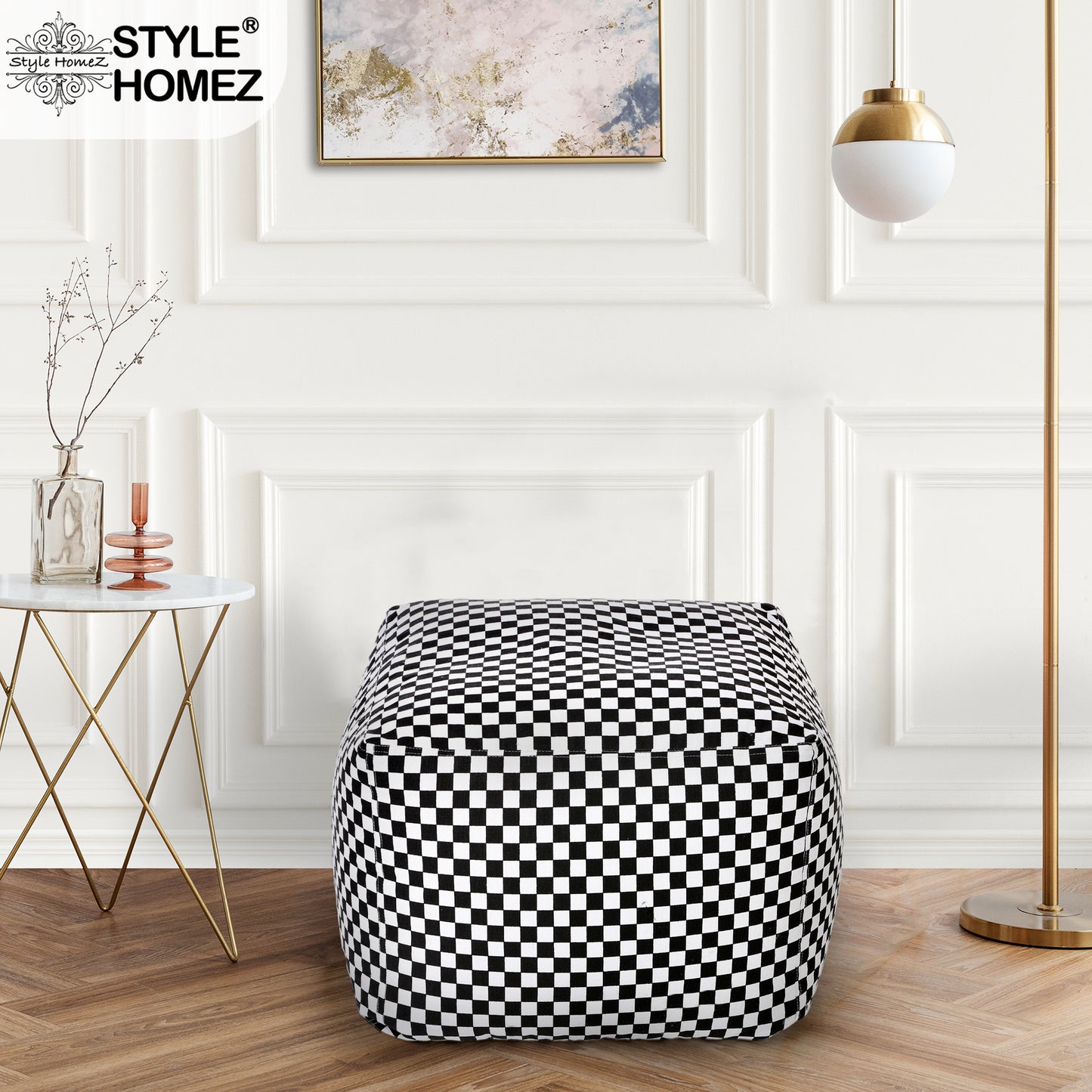 Style Homez Square Ottoman, Cotton Canvas Checkered Printed Bean Bag Ottoman Stool Large Size Filled with Beans, White Black Color