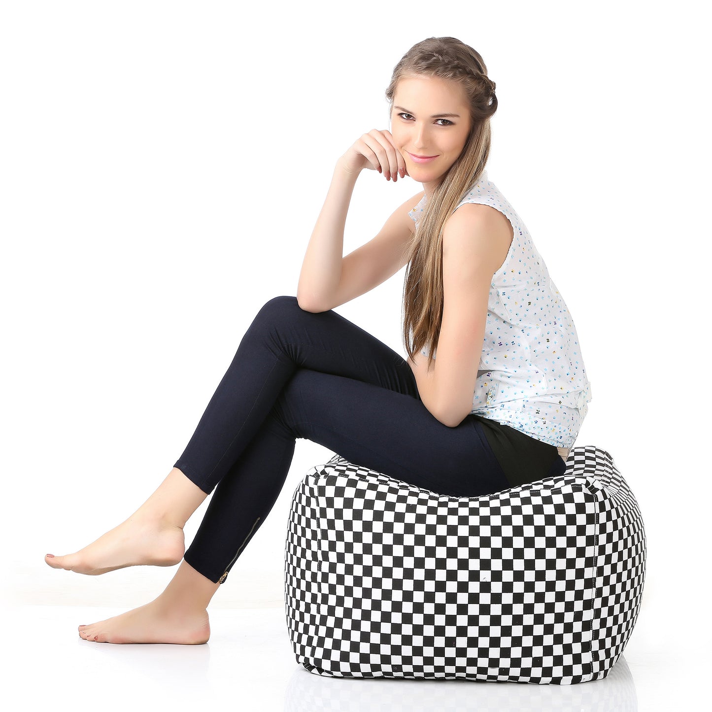 Style Homez Square Ottoman, Cotton Canvas Checkered Printed Bean Bag Ottoman Stool Large Size Filled with Beans, White Black Color