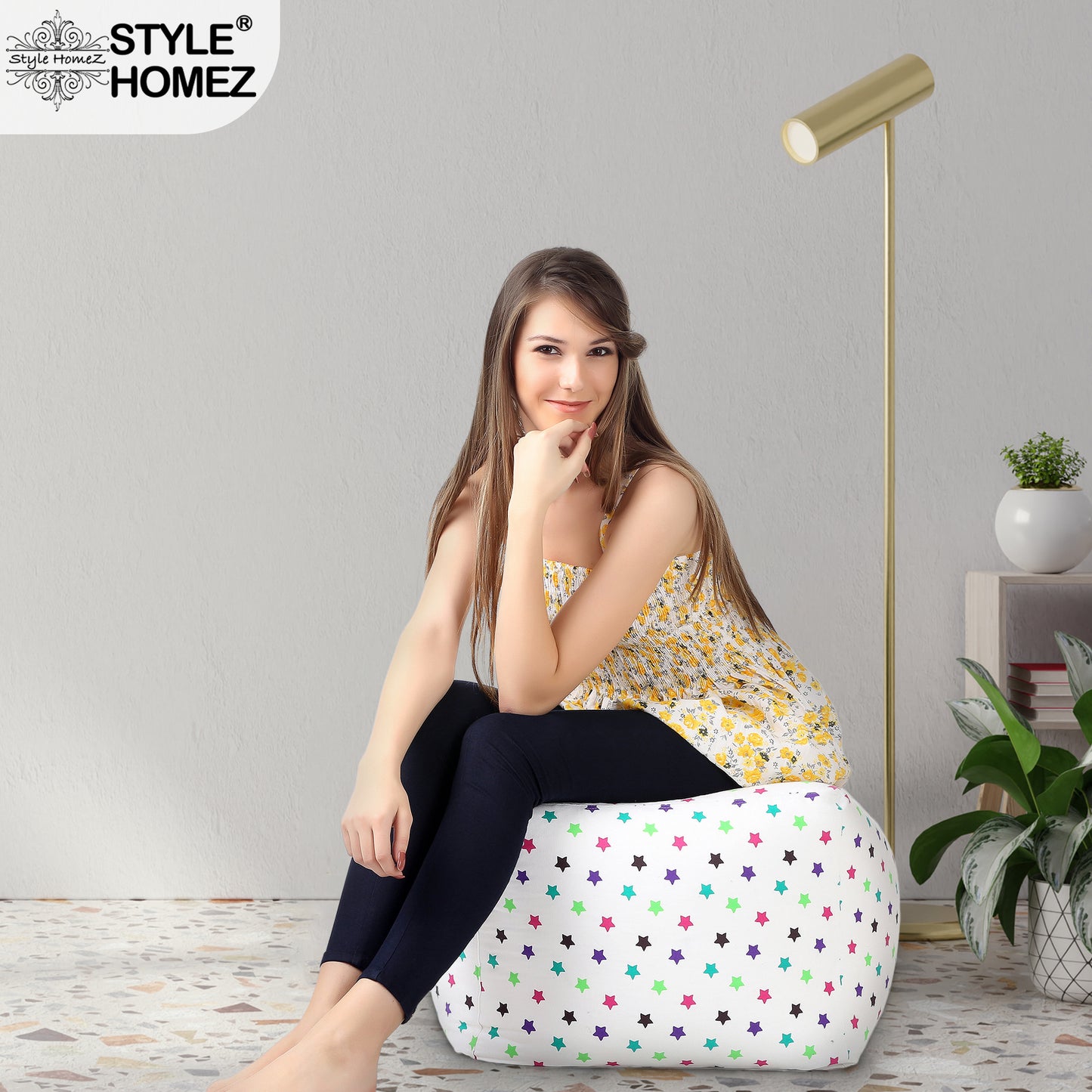Style Homez Square Ottoman, Cotton Canvas Star Printed Bean Bag Ottoman Stool Large Size Filled with Beans, Multi Color