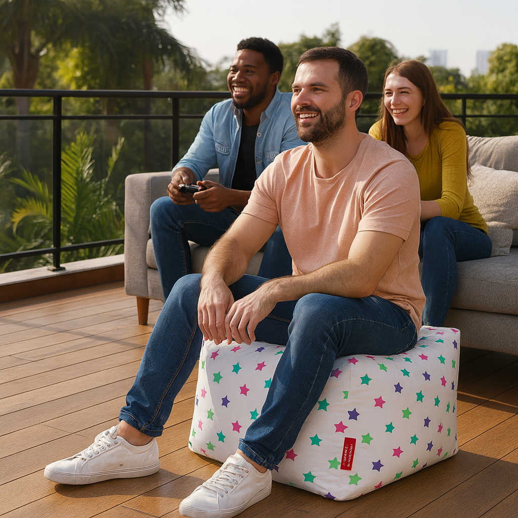 Style Homez Square Ottoman, Cotton Canvas Star Printed Bean Bag Ottoman Stool Large Size Filled with Beans, Multi Color