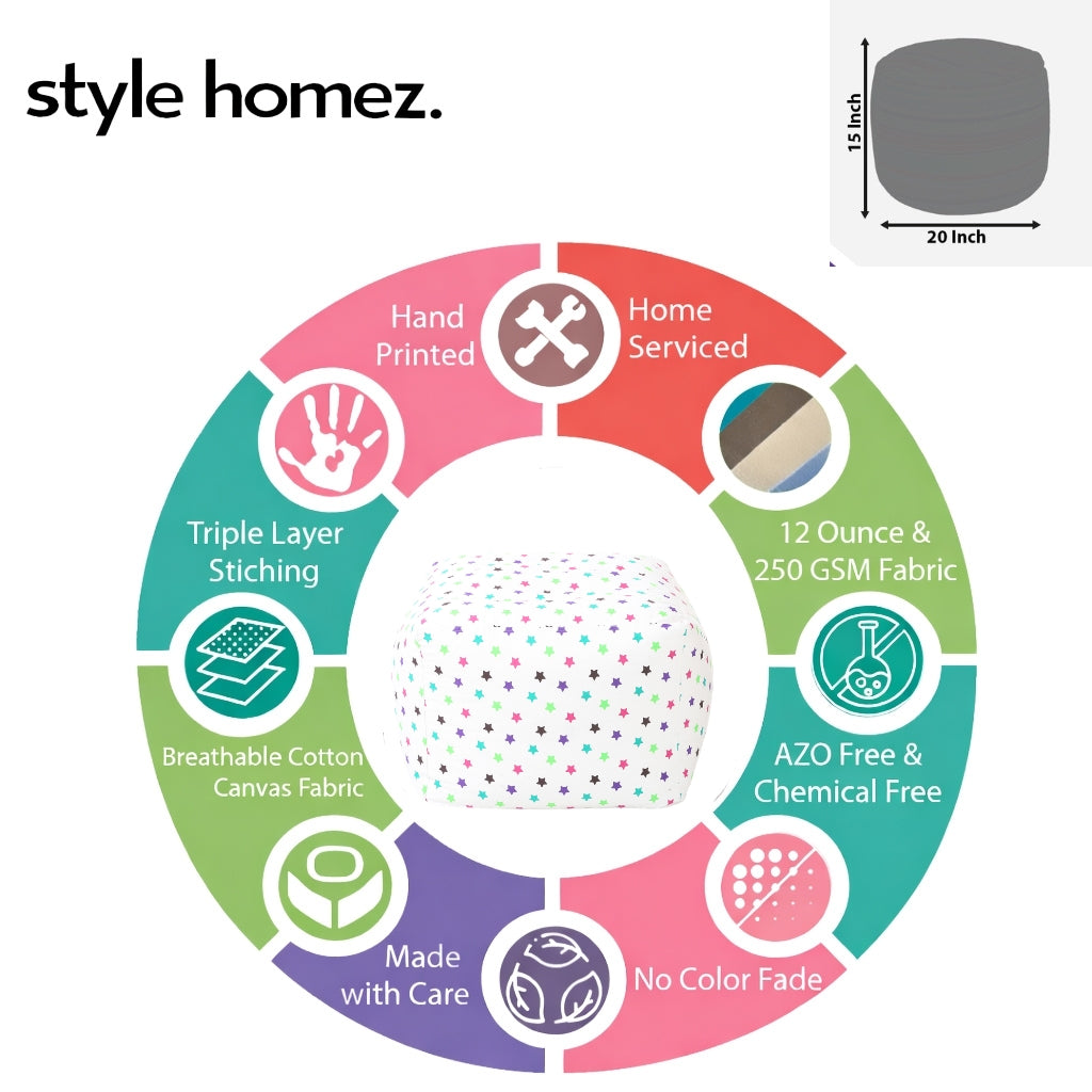 Style Homez Square Ottoman, Cotton Canvas Star Printed Bean Bag Ottoman Stool Large Size Filled with Beans, Multi Color
