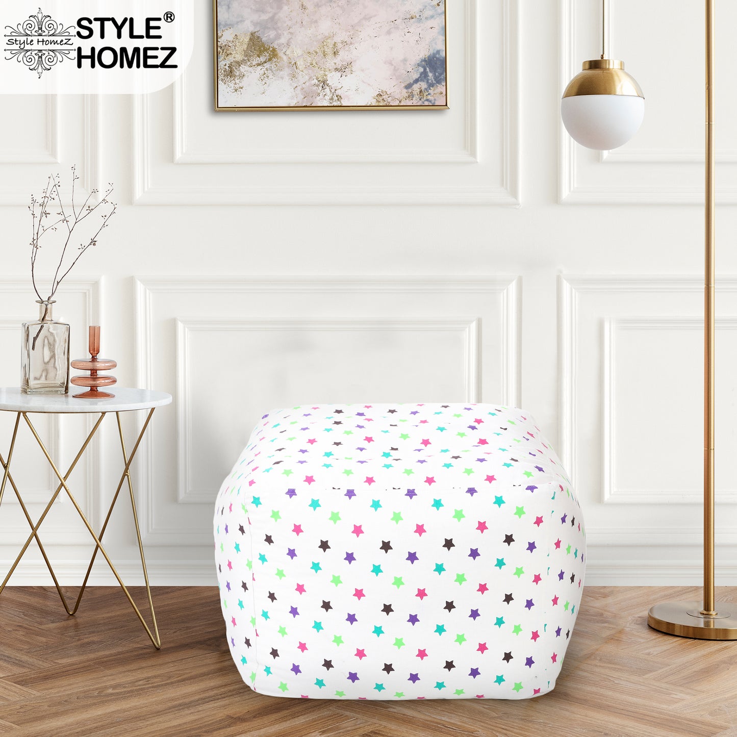 Style Homez Square Ottoman, Cotton Canvas Star Printed Bean Bag Ottoman Stool Large Size Filled with Beans, Multi Color
