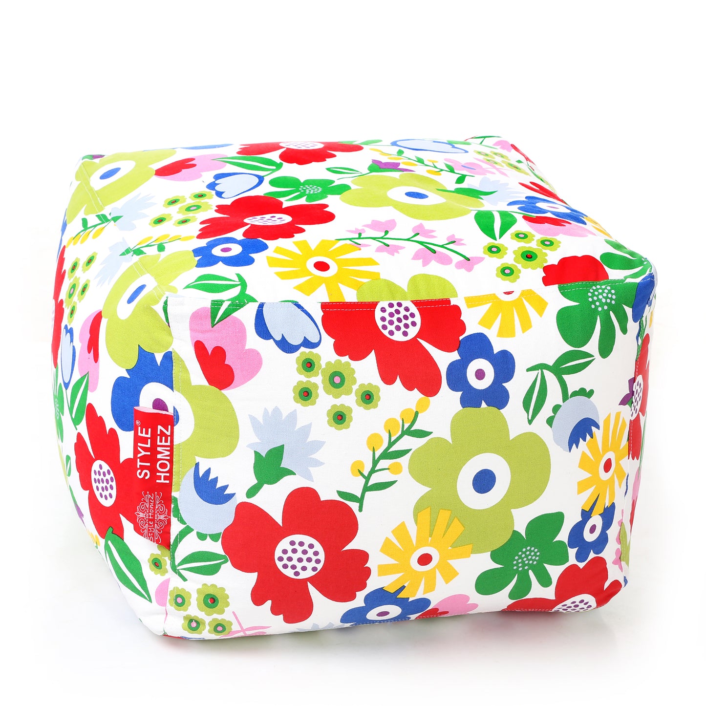 Style Homez Square Ottoman, Cotton Canvas Floral Printed Bean Bag Ottoman Stool Large Size Filled with Beans, Multi Color