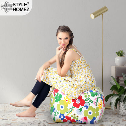 Style Homez Square Ottoman, Cotton Canvas Floral Printed Bean Bag Ottoman Stool Large Size Filled with Beans, Multi Color