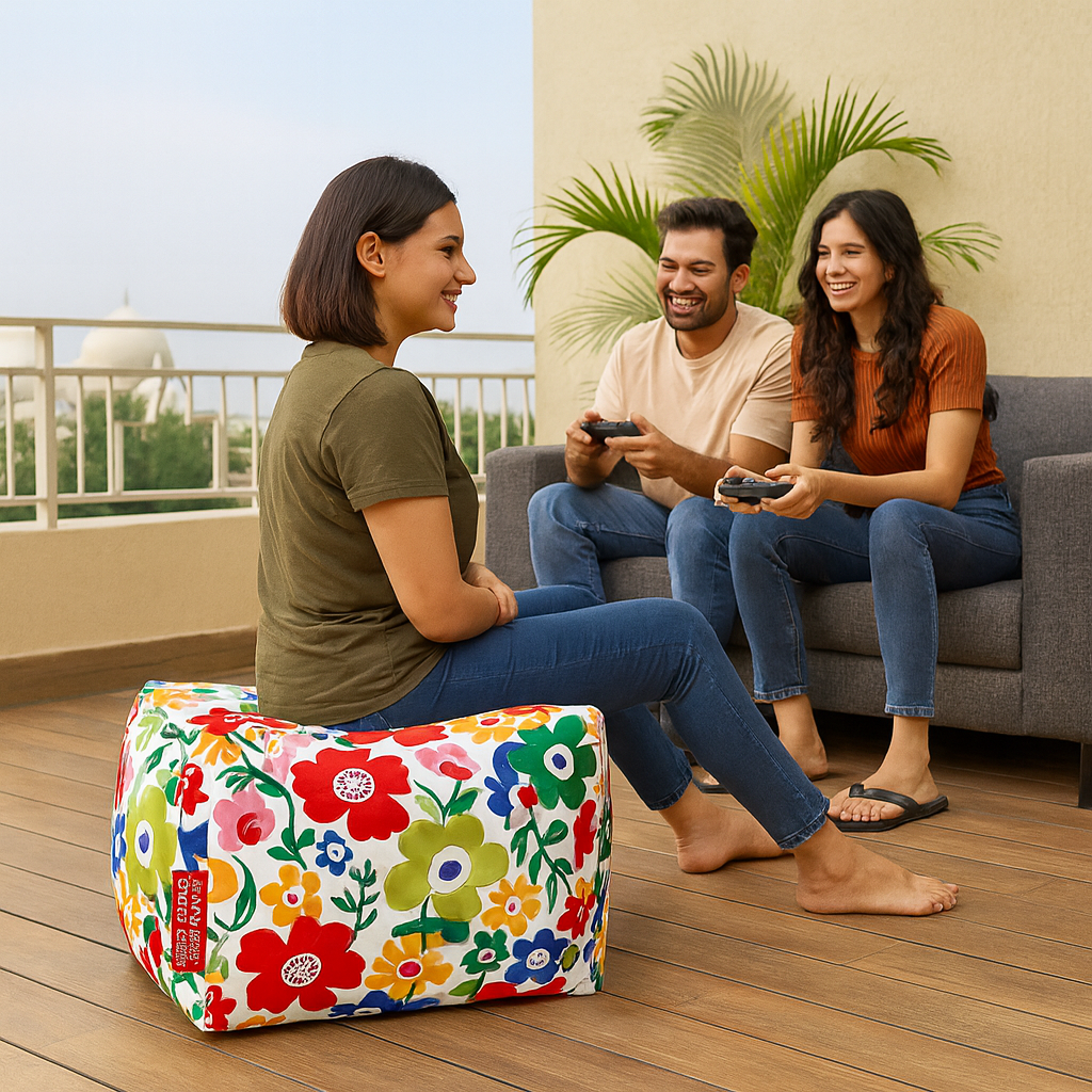 Style Homez Square Ottoman, Cotton Canvas Floral Printed Bean Bag Ottoman Stool Large Size Filled with Beans, Multi Color