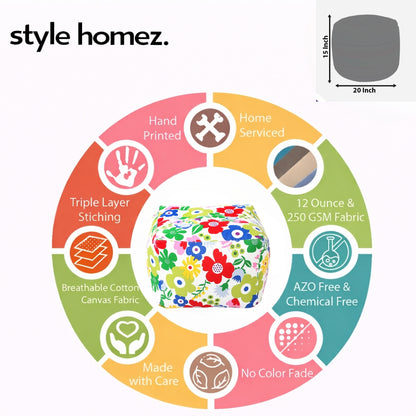 Style Homez Square Ottoman, Cotton Canvas Floral Printed Bean Bag Ottoman Stool Large Size Filled with Beans, Multi Color