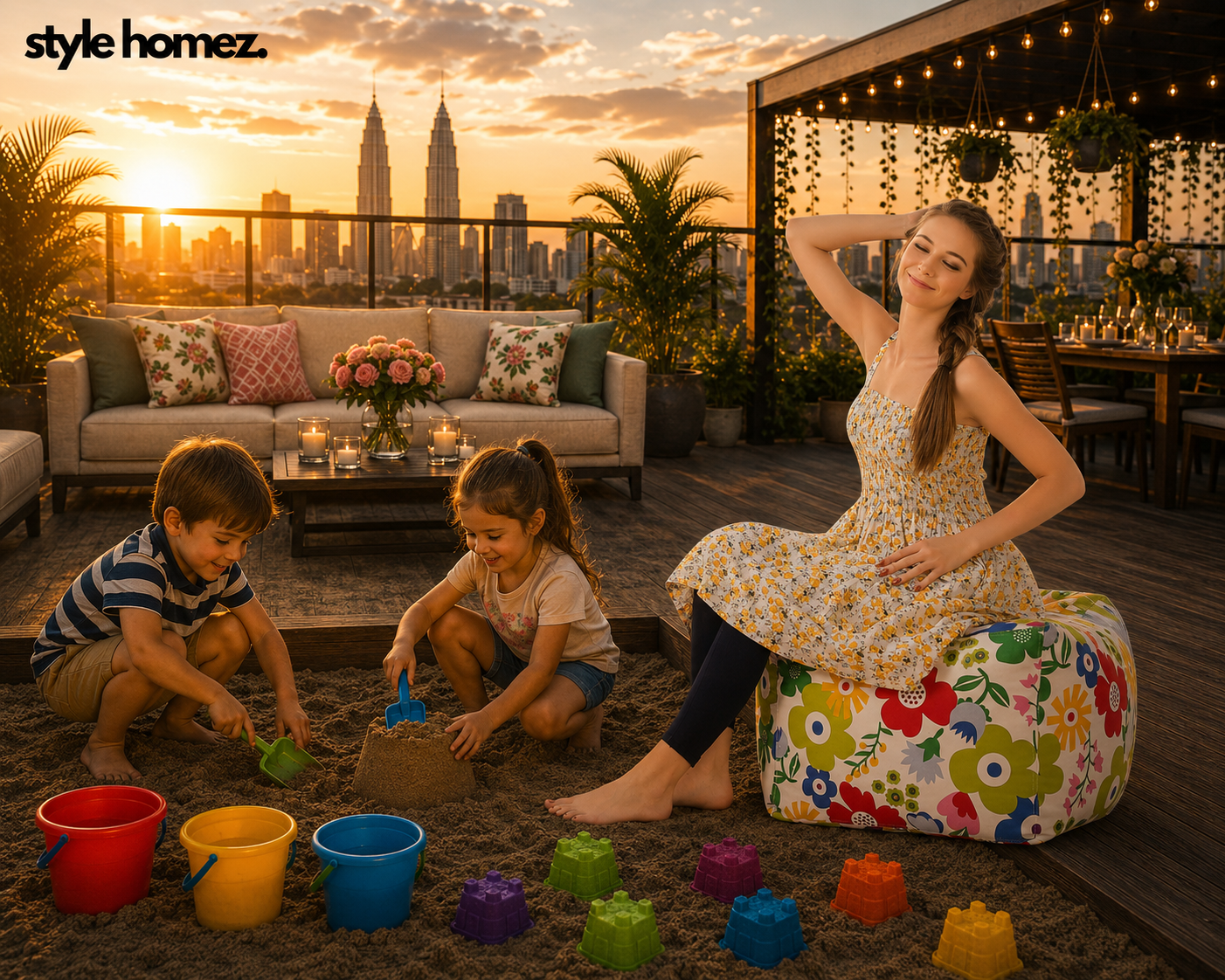 Style Homez Square Ottoman, Cotton Canvas Floral Printed Bean Bag Ottoman Stool Large Size Filled with Beans, Multi Color