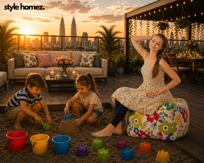 Style Homez Square Ottoman, Cotton Canvas Floral Printed Bean Bag Ottoman Stool Large Size Filled with Beans, Multi Color
