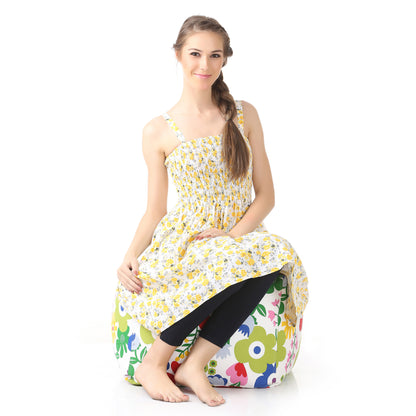 Style Homez Square Ottoman, Cotton Canvas Floral Printed Bean Bag Ottoman Stool Large Size Filled with Beans, Multi Color