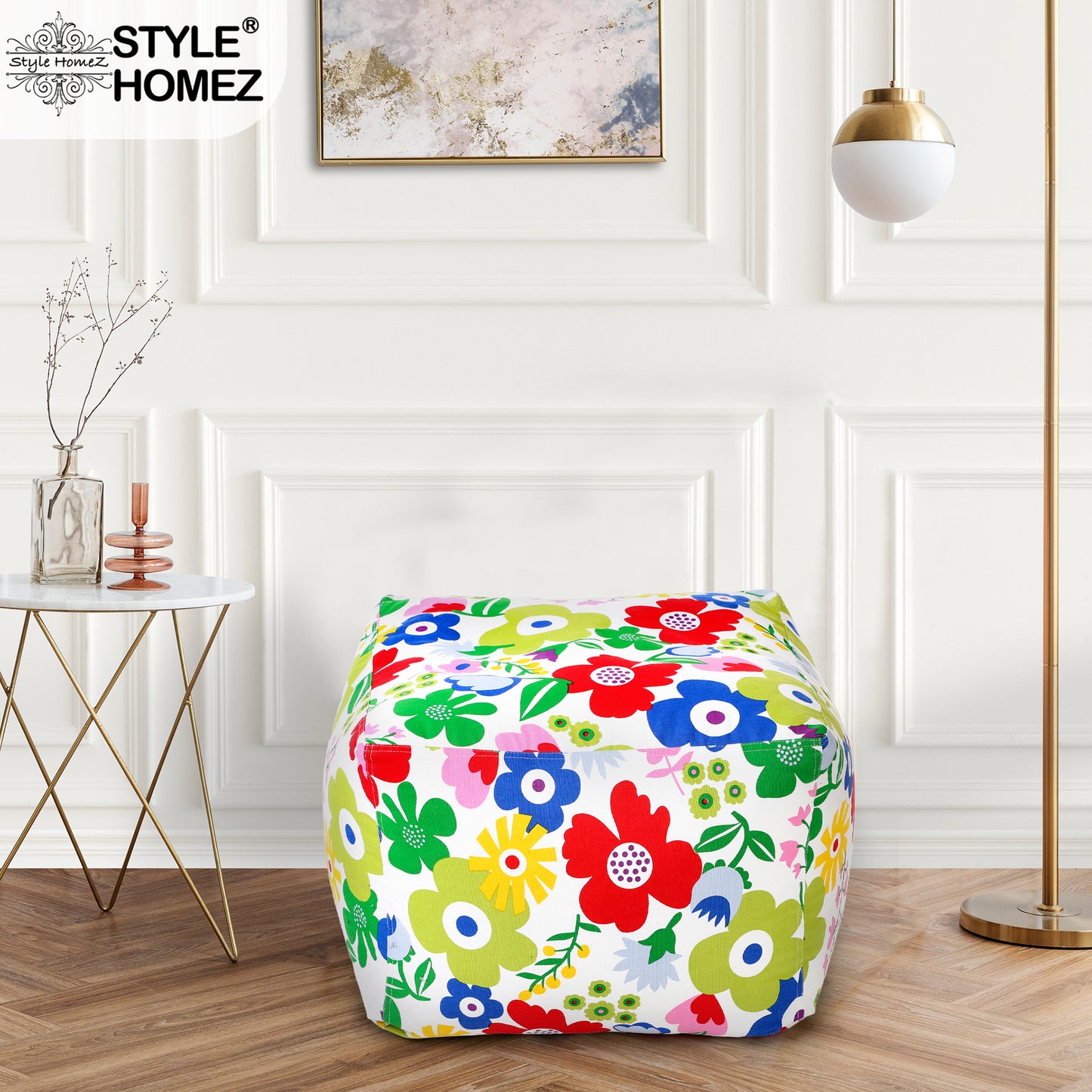 Style Homez Square Ottoman, Cotton Canvas Floral Printed Bean Bag Ottoman Stool Large Size Filled with Beans, Multi Color