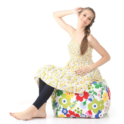 Style Homez Square Ottoman, Cotton Canvas Floral Printed Bean Bag Ottoman Stool Large Size Filled with Beans, Multi Color