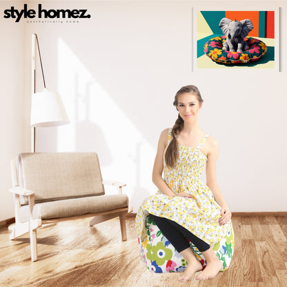 Style Homez Square Ottoman, Cotton Canvas Floral Printed Bean Bag Ottoman Stool Large Size Filled with Beans, Multi Color