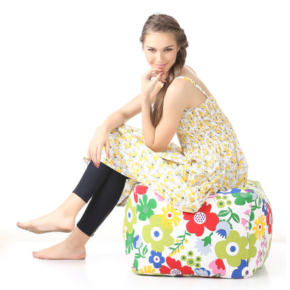 Style Homez Square Ottoman, Cotton Canvas Floral Printed Bean Bag Ottoman Stool Large Size Filled with Beans, Multi Color