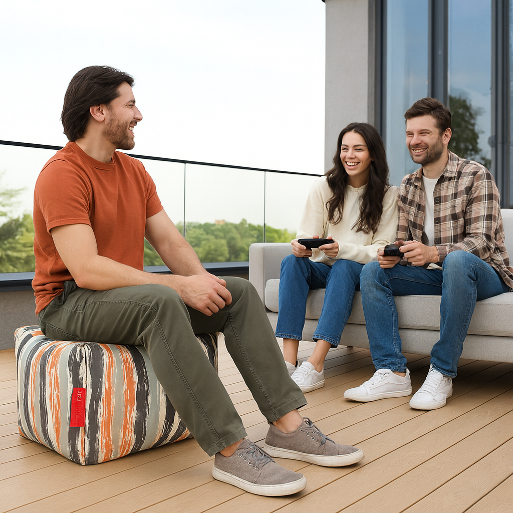 Style Homez Square Ottoman, Cotton Canvas Stripes Printed Bean Bag Ottoman Stool Large Size Filled with Beans, Multi Color