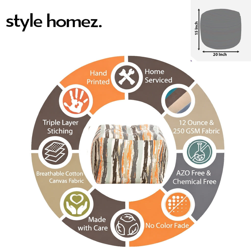 Style Homez Square Ottoman, Cotton Canvas Stripes Printed Bean Bag Ottoman Stool Large Size Filled with Beans, Multi Color