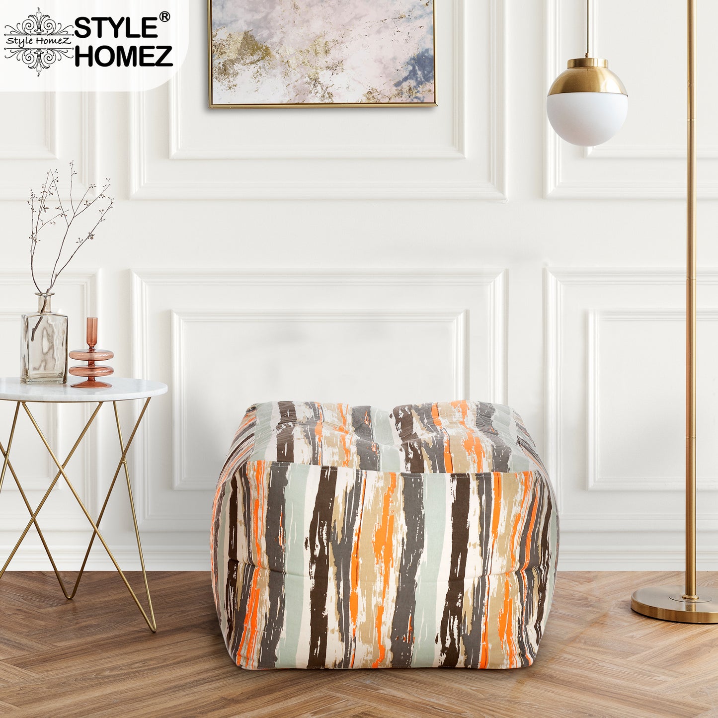 Style Homez Square Ottoman, Cotton Canvas Stripes Printed Bean Bag Ottoman Stool Large Size Filled with Beans, Multi Color
