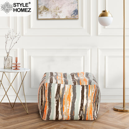 Style Homez Square Ottoman, Cotton Canvas Stripes Printed Bean Bag Ottoman Stool Large Size Filled with Beans, Multi Color