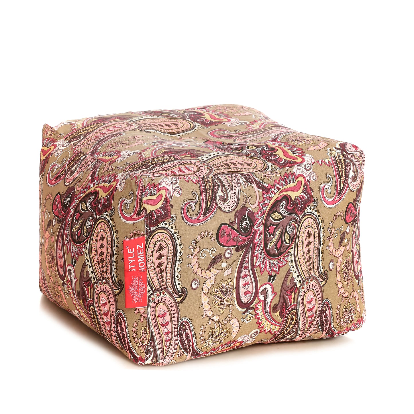 Style Homez Square Ottoman, Cotton Canvas Paisley Printed Bean Bag Ottoman Stool Large Size Filled with Beans, Multi Color