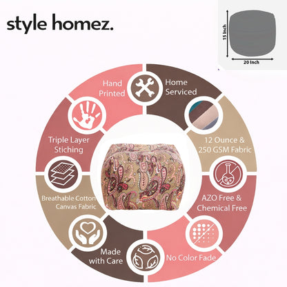 Style Homez Square Ottoman, Cotton Canvas Paisley Printed Bean Bag Ottoman Stool Large Size Filled with Beans, Multi Color