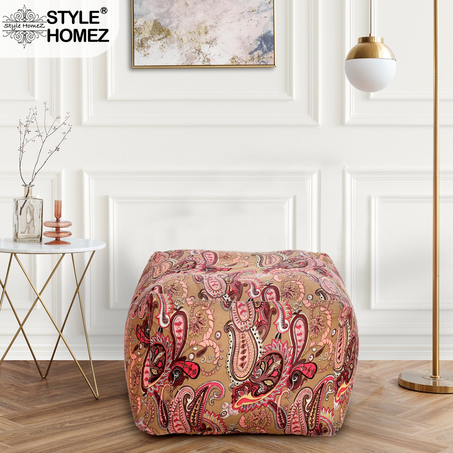 Style Homez Square Ottoman, Cotton Canvas Paisley Printed Bean Bag Ottoman Stool Large Size Filled with Beans, Multi Color