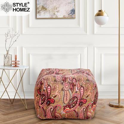 Style Homez Square Ottoman, Cotton Canvas Paisley Printed Bean Bag Ottoman Stool Large Size Filled with Beans, Multi Color