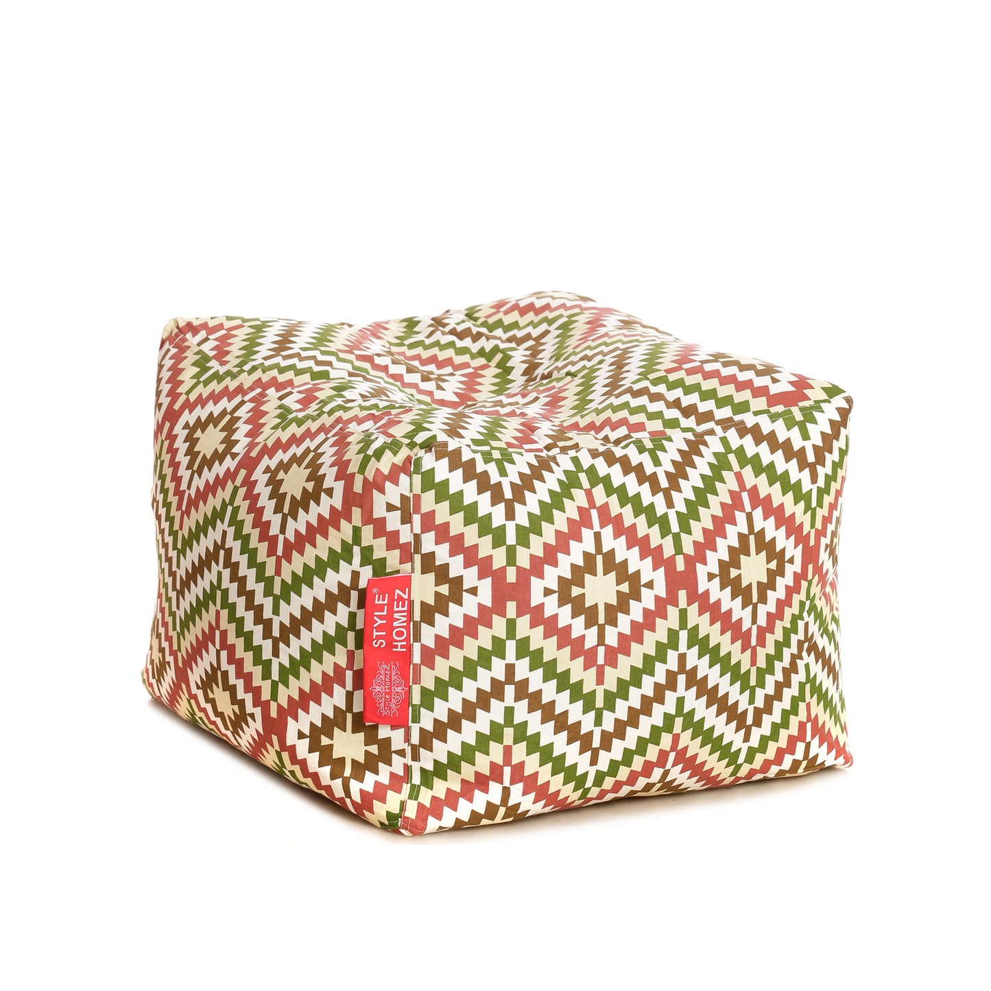 Style Homez Square Ottoman, Cotton Canvas IKAT Printed Bean Bag Ottoman Stool Large Size Filled with Beans, Multi Color