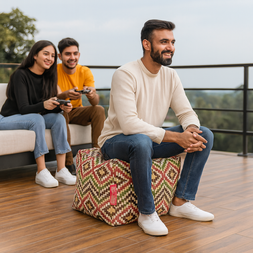 Style Homez Square Ottoman, Cotton Canvas IKAT Printed Bean Bag Ottoman Stool Large Size Filled with Beans, Multi Color