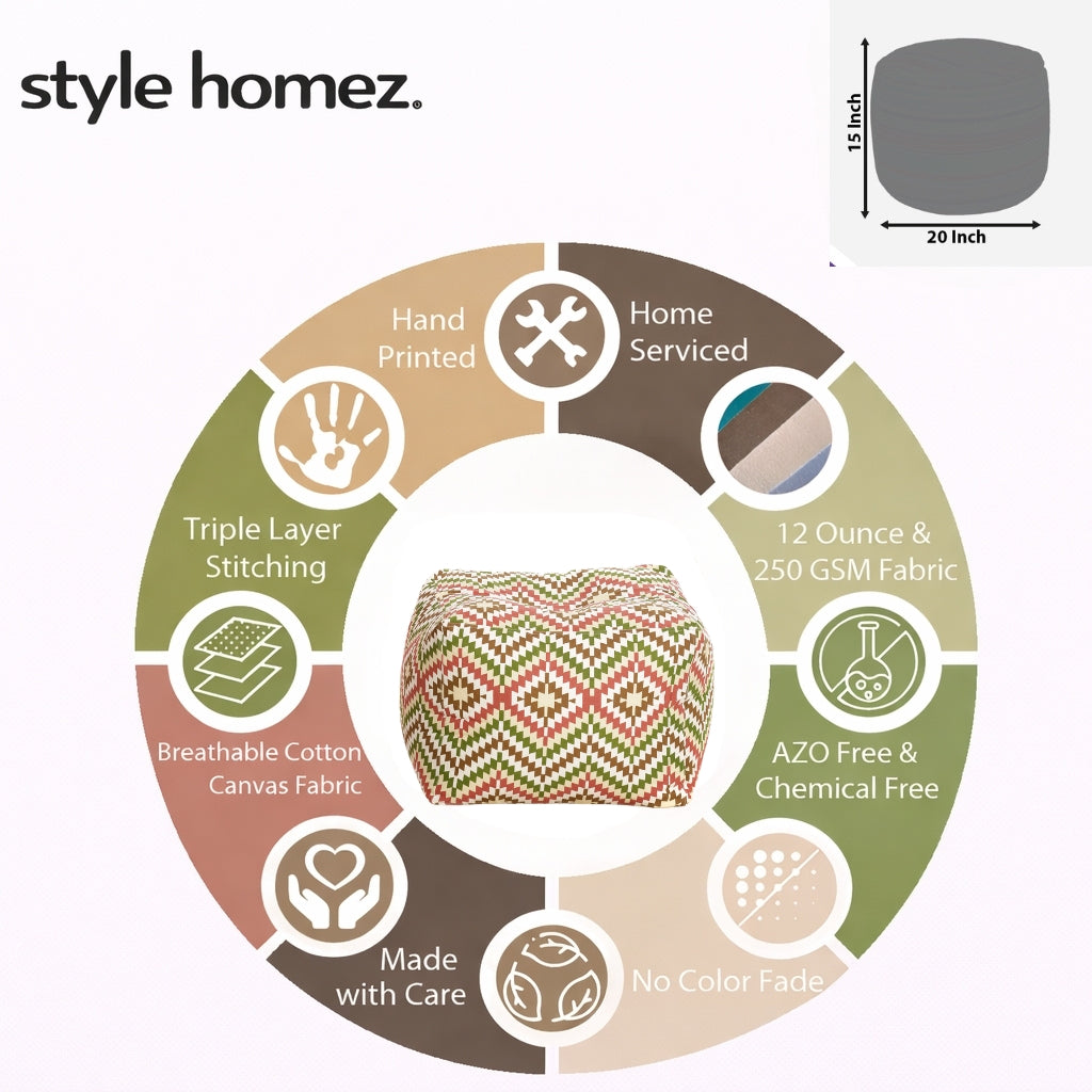 Style Homez Square Ottoman, Cotton Canvas IKAT Printed Bean Bag Ottoman Stool Large Size Filled with Beans, Multi Color