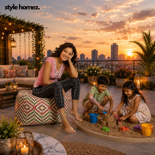 Style Homez Square Ottoman, Cotton Canvas IKAT Printed Bean Bag Ottoman Stool Large Size Filled with Beans, Multi Color