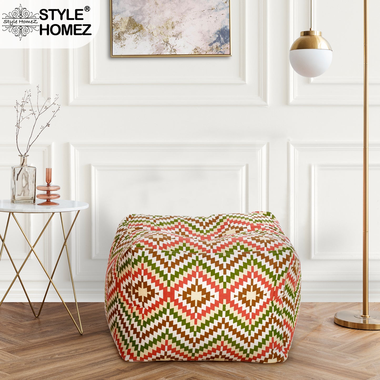 Style Homez Square Ottoman, Cotton Canvas IKAT Printed Bean Bag Ottoman Stool Large Size Filled with Beans, Multi Color
