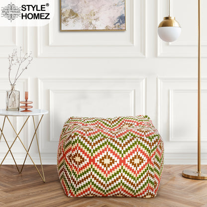 Style Homez Square Ottoman, Cotton Canvas IKAT Printed Bean Bag Ottoman Stool Large Size Filled with Beans, Multi Color