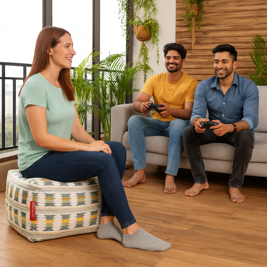 Style Homez Square Ottoman, Cotton Canvas IKAT Printed Bean Bag Ottoman Stool Large Size Filled with Beans, Green Yellow Color