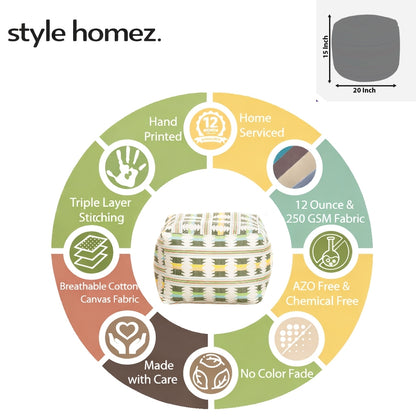 Style Homez Square Ottoman, Cotton Canvas IKAT Printed Bean Bag Ottoman Stool Large Size Filled with Beans, Green Yellow Color