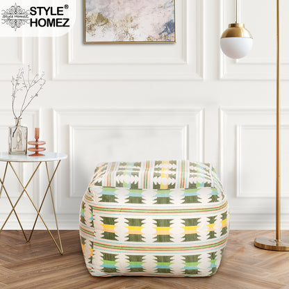 Style Homez Square Ottoman, Cotton Canvas IKAT Printed Bean Bag Ottoman Stool Large Size Filled with Beans, Green Yellow Color