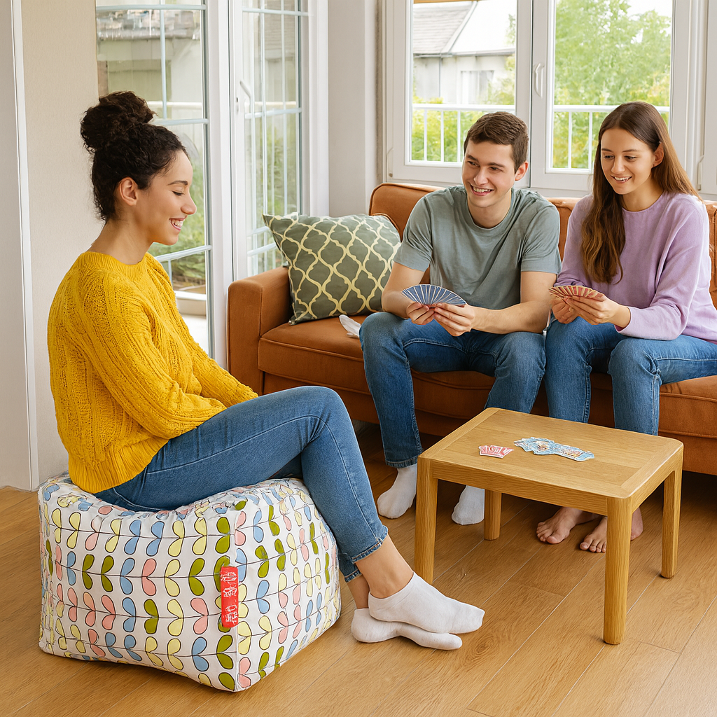 Style Homez Square Ottoman, Cotton Canvas Abstract Printed Bean Bag Ottoman Stool Large Size Filled with Beans, Multi Color