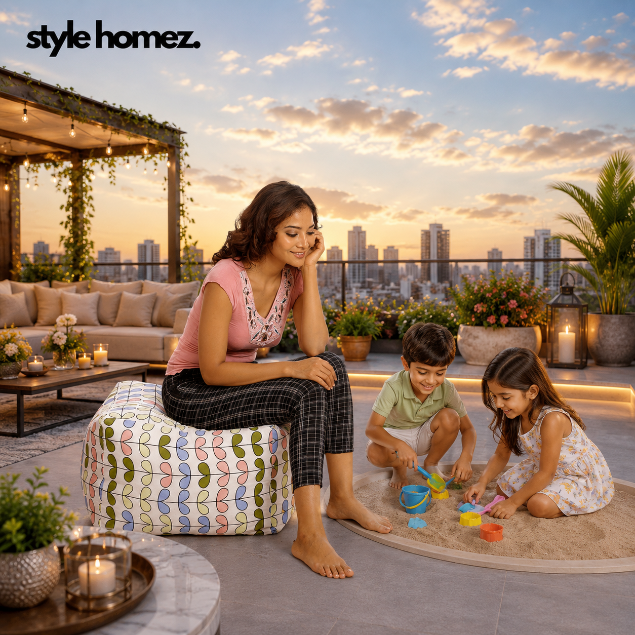 Style Homez Square Ottoman, Cotton Canvas Abstract Printed Bean Bag Ottoman Stool Large Size Filled with Beans, Multi Color