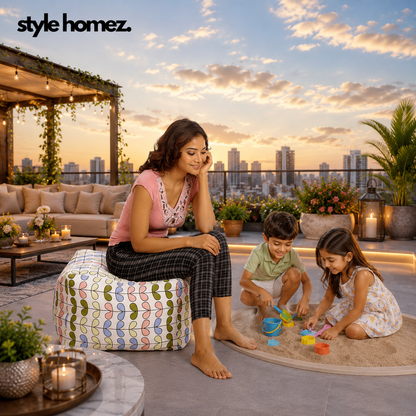Style Homez Square Ottoman, Cotton Canvas Abstract Printed Bean Bag Ottoman Stool Large Size Filled with Beans, Multi Color