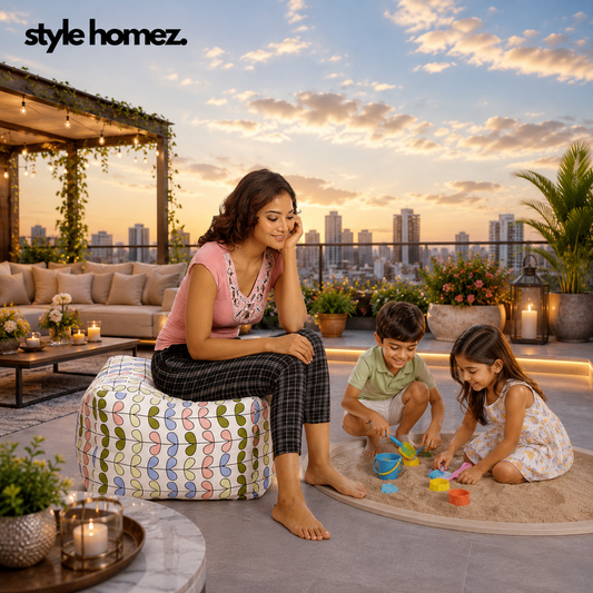 Style Homez Square Ottoman, Cotton Canvas Abstract Printed Bean Bag Ottoman Stool Large Size Filled with Beans, Multi Color