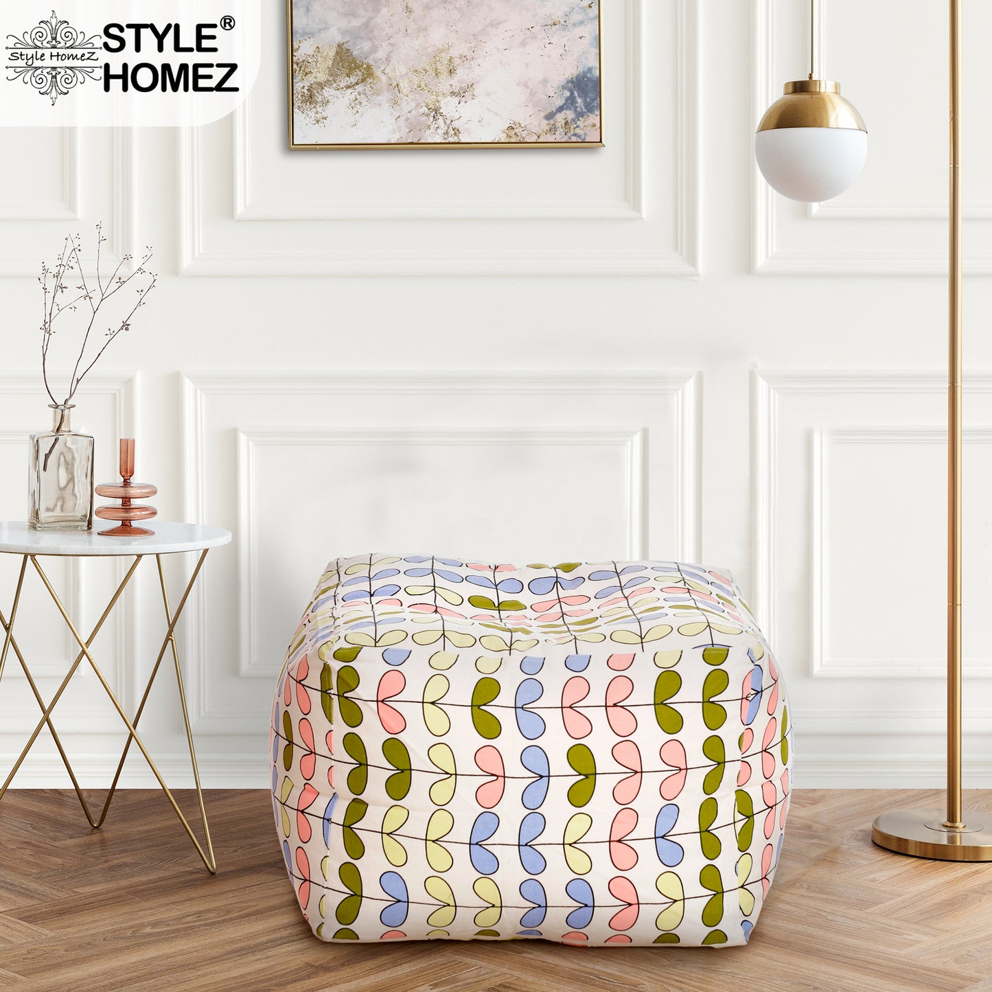Style Homez Square Ottoman, Cotton Canvas Abstract Printed Bean Bag Ottoman Stool Large Size Filled with Beans, Multi Color